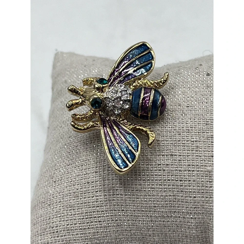 Bumble Bee Multicolor‎ Blue Purple Enamel Gold Tone Brooch